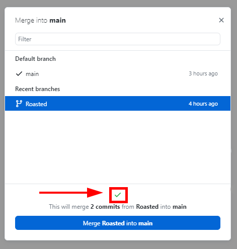 The merge branch window shows a green check to indicate that the branches can automatically merge.